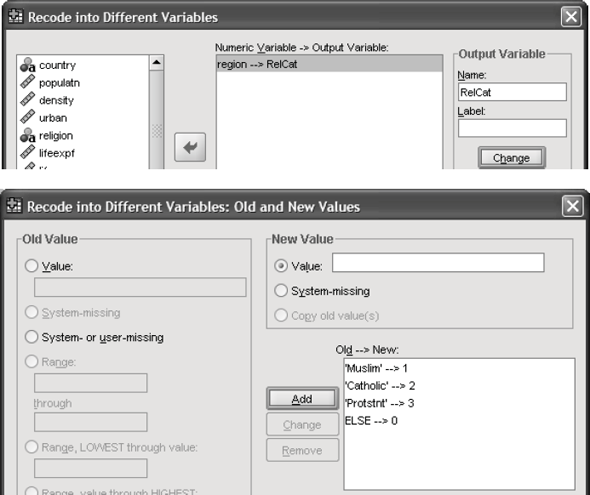 The file World95.sav is located in the SPSS subdirectory of C:\Program Files. It contains a string variable religion. Use Recode into Different Variables to make a new numeric variable RelCat consisting of the values 0 through 3 that have the correspondence shown below in the second window. Perform a discriminant analysis to determine the dimensions that best allow religions 1-3 to be distinguished. The table below shows the variable names together with their labels that should be included as predictors in the analysis: Answer the following questions: 1. Based on the group centroids, which religions are best distinguished by each function 2. Based on the structure coefficients, what labels might be suitable for describing each dimension