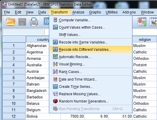 Here we have a string variable religion. Use Recode into Different Variable to make a a new numeric variable RelCat consisting of the values 0 through 3. The SPSS procedure is shown below: 1) Select Transform, recording into different variables. 2) Click the variables to be transferred and enter RelCat into Name text box. 3) Click old and new values button , old enter 'Muslim' in the value text box and 1 in the new value text box. Repeat this operation until we assign the old values into new values and click continue button. 4) Click Continu, change then Ok. We get the result of recode the variables news into newsfreq. From the above output, we observe that the third column shows the recoded the variable religion into new numeric variable RelCat. Now, we have to perform the discriminant analysis to determine the dimensions that best allow religions 1-3 to be distinguished. The SPSS procedure is shown below: 1) Select Analyze, Classify, Discriminant. 2) When Discriminant Analysis dialog box appears, enter RelCat in Grouping variable text box, click Define range then continue. 3) Enter Density, pop_incr, babymort, birth_rt, lit_male, lit_fema, gdp_cap in independent variable text box. 4) Click Classify and select some options shown in the below widow and then continue. 5) Click OK Output: 1) Based on the group centroids identify which religions are best distinguished by each function. From the above output, it can be seen that the mean value of each group in the 2-dimensional space defined by the discriminant functions. The function 1 values of -1.297 for group1, 0.656 for group2 and 1.428 for group3. The function 2 values of 0.140 for group1, -0.387 for group2 and 1.110 for group3. The religions Muslim and protstnt are best distinguished by function1 and the religion catholic is best distinguished by function2 2) Based on the structure coefficients, identify what labels might be suitable for describing each dimension. From the above output, it can be seen that the standardized canonical discriminant function coefficient is high for the variable lit_fema corresponding to function1, so the label Females who read label is suitable. From the above output, it can be seen that the standardized canonical discriminant function coefficient is high for the variable gdp_ca corresponding to function2, so the label Gross domestic product/ capita is suitable.