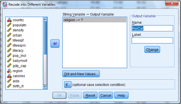Here we have a string variable religion. Use Recode into Different Variable to make a a new numeric variable RelCat consisting of the values 0 through 3. The SPSS procedure is shown below: 1) Select Transform, recording into different variables. 2) Click the variables to be transferred and enter RelCat into Name text box. 3) Click old and new values button , old enter 'Muslim' in the value text box and 1 in the new value text box. Repeat this operation until we assign the old values into new values and click continue button. 4) Click Continu, change then Ok. We get the result of recode the variables news into newsfreq. From the above output, we observe that the third column shows the recoded the variable religion into new numeric variable RelCat. Now, we have to perform the discriminant analysis to determine the dimensions that best allow religions 1-3 to be distinguished. The SPSS procedure is shown below: 1) Select Analyze, Classify, Discriminant. 2) When Discriminant Analysis dialog box appears, enter RelCat in Grouping variable text box, click Define range then continue. 3) Enter Density, pop_incr, babymort, birth_rt, lit_male, lit_fema, gdp_cap in independent variable text box. 4) Click Classify and select some options shown in the below widow and then continue. 5) Click OK Output: 1) Based on the group centroids identify which religions are best distinguished by each function. From the above output, it can be seen that the mean value of each group in the 2-dimensional space defined by the discriminant functions. The function 1 values of -1.297 for group1, 0.656 for group2 and 1.428 for group3. The function 2 values of 0.140 for group1, -0.387 for group2 and 1.110 for group3. The religions Muslim and protstnt are best distinguished by function1 and the religion catholic is best distinguished by function2 2) Based on the structure coefficients, identify what labels might be suitable for describing each dimension. From the above output, it can be seen that the standardized canonical discriminant function coefficient is high for the variable lit_fema corresponding to function1, so the label Females who read label is suitable. From the above output, it can be seen that the standardized canonical discriminant function coefficient is high for the variable gdp_ca corresponding to function2, so the label Gross domestic product/ capita is suitable.