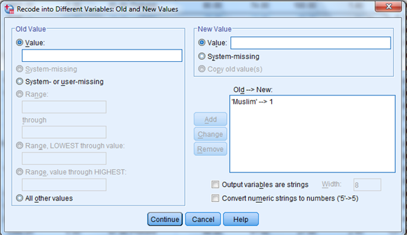 Here we have a string variable religion. Use Recode into Different Variable to make a a new numeric variable RelCat consisting of the values 0 through 3. The SPSS procedure is shown below: 1) Select Transform, recording into different variables. 2) Click the variables to be transferred and enter RelCat into Name text box. 3) Click old and new values button , old enter 'Muslim' in the value text box and 1 in the new value text box. Repeat this operation until we assign the old values into new values and click continue button. 4) Click Continu, change then Ok. We get the result of recode the variables news into newsfreq. From the above output, we observe that the third column shows the recoded the variable religion into new numeric variable RelCat. Now, we have to perform the discriminant analysis to determine the dimensions that best allow religions 1-3 to be distinguished. The SPSS procedure is shown below: 1) Select Analyze, Classify, Discriminant. 2) When Discriminant Analysis dialog box appears, enter RelCat in Grouping variable text box, click Define range then continue. 3) Enter Density, pop_incr, babymort, birth_rt, lit_male, lit_fema, gdp_cap in independent variable text box. 4) Click Classify and select some options shown in the below widow and then continue. 5) Click OK Output: 1) Based on the group centroids identify which religions are best distinguished by each function. From the above output, it can be seen that the mean value of each group in the 2-dimensional space defined by the discriminant functions. The function 1 values of -1.297 for group1, 0.656 for group2 and 1.428 for group3. The function 2 values of 0.140 for group1, -0.387 for group2 and 1.110 for group3. The religions Muslim and protstnt are best distinguished by function1 and the religion catholic is best distinguished by function2 2) Based on the structure coefficients, identify what labels might be suitable for describing each dimension. From the above output, it can be seen that the standardized canonical discriminant function coefficient is high for the variable lit_fema corresponding to function1, so the label Females who read label is suitable. From the above output, it can be seen that the standardized canonical discriminant function coefficient is high for the variable gdp_ca corresponding to function2, so the label Gross domestic product/ capita is suitable.