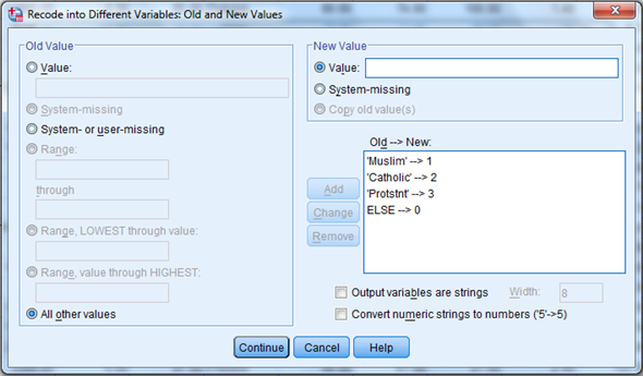 Here we have a string variable religion. Use Recode into Different Variable to make a a new numeric variable RelCat consisting of the values 0 through 3. The SPSS procedure is shown below: 1) Select Transform, recording into different variables. 2) Click the variables to be transferred and enter RelCat into Name text box. 3) Click old and new values button , old enter 'Muslim' in the value text box and 1 in the new value text box. Repeat this operation until we assign the old values into new values and click continue button. 4) Click Continu, change then Ok. We get the result of recode the variables news into newsfreq. From the above output, we observe that the third column shows the recoded the variable religion into new numeric variable RelCat. Now, we have to perform the discriminant analysis to determine the dimensions that best allow religions 1-3 to be distinguished. The SPSS procedure is shown below: 1) Select Analyze, Classify, Discriminant. 2) When Discriminant Analysis dialog box appears, enter RelCat in Grouping variable text box, click Define range then continue. 3) Enter Density, pop_incr, babymort, birth_rt, lit_male, lit_fema, gdp_cap in independent variable text box. 4) Click Classify and select some options shown in the below widow and then continue. 5) Click OK Output: 1) Based on the group centroids identify which religions are best distinguished by each function. From the above output, it can be seen that the mean value of each group in the 2-dimensional space defined by the discriminant functions. The function 1 values of -1.297 for group1, 0.656 for group2 and 1.428 for group3. The function 2 values of 0.140 for group1, -0.387 for group2 and 1.110 for group3. The religions Muslim and protstnt are best distinguished by function1 and the religion catholic is best distinguished by function2 2) Based on the structure coefficients, identify what labels might be suitable for describing each dimension. From the above output, it can be seen that the standardized canonical discriminant function coefficient is high for the variable lit_fema corresponding to function1, so the label Females who read label is suitable. From the above output, it can be seen that the standardized canonical discriminant function coefficient is high for the variable gdp_ca corresponding to function2, so the label Gross domestic product/ capita is suitable.