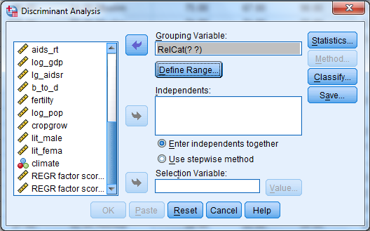 Here we have a string variable religion. Use Recode into Different Variable to make a a new numeric variable RelCat consisting of the values 0 through 3. The SPSS procedure is shown below: 1) Select Transform, recording into different variables. 2) Click the variables to be transferred and enter RelCat into Name text box. 3) Click old and new values button , old enter 'Muslim' in the value text box and 1 in the new value text box. Repeat this operation until we assign the old values into new values and click continue button. 4) Click Continu, change then Ok. We get the result of recode the variables news into newsfreq. From the above output, we observe that the third column shows the recoded the variable religion into new numeric variable RelCat. Now, we have to perform the discriminant analysis to determine the dimensions that best allow religions 1-3 to be distinguished. The SPSS procedure is shown below: 1) Select Analyze, Classify, Discriminant. 2) When Discriminant Analysis dialog box appears, enter RelCat in Grouping variable text box, click Define range then continue. 3) Enter Density, pop_incr, babymort, birth_rt, lit_male, lit_fema, gdp_cap in independent variable text box. 4) Click Classify and select some options shown in the below widow and then continue. 5) Click OK Output: 1) Based on the group centroids identify which religions are best distinguished by each function. From the above output, it can be seen that the mean value of each group in the 2-dimensional space defined by the discriminant functions. The function 1 values of -1.297 for group1, 0.656 for group2 and 1.428 for group3. The function 2 values of 0.140 for group1, -0.387 for group2 and 1.110 for group3. The religions Muslim and protstnt are best distinguished by function1 and the religion catholic is best distinguished by function2 2) Based on the structure coefficients, identify what labels might be suitable for describing each dimension. From the above output, it can be seen that the standardized canonical discriminant function coefficient is high for the variable lit_fema corresponding to function1, so the label Females who read label is suitable. From the above output, it can be seen that the standardized canonical discriminant function coefficient is high for the variable gdp_ca corresponding to function2, so the label Gross domestic product/ capita is suitable.