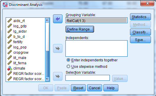 Here we have a string variable religion. Use Recode into Different Variable to make a a new numeric variable RelCat consisting of the values 0 through 3. The SPSS procedure is shown below: 1) Select Transform, recording into different variables. 2) Click the variables to be transferred and enter RelCat into Name text box. 3) Click old and new values button , old enter 'Muslim' in the value text box and 1 in the new value text box. Repeat this operation until we assign the old values into new values and click continue button. 4) Click Continu, change then Ok. We get the result of recode the variables news into newsfreq. From the above output, we observe that the third column shows the recoded the variable religion into new numeric variable RelCat. Now, we have to perform the discriminant analysis to determine the dimensions that best allow religions 1-3 to be distinguished. The SPSS procedure is shown below: 1) Select Analyze, Classify, Discriminant. 2) When Discriminant Analysis dialog box appears, enter RelCat in Grouping variable text box, click Define range then continue. 3) Enter Density, pop_incr, babymort, birth_rt, lit_male, lit_fema, gdp_cap in independent variable text box. 4) Click Classify and select some options shown in the below widow and then continue. 5) Click OK Output: 1) Based on the group centroids identify which religions are best distinguished by each function. From the above output, it can be seen that the mean value of each group in the 2-dimensional space defined by the discriminant functions. The function 1 values of -1.297 for group1, 0.656 for group2 and 1.428 for group3. The function 2 values of 0.140 for group1, -0.387 for group2 and 1.110 for group3. The religions Muslim and protstnt are best distinguished by function1 and the religion catholic is best distinguished by function2 2) Based on the structure coefficients, identify what labels might be suitable for describing each dimension. From the above output, it can be seen that the standardized canonical discriminant function coefficient is high for the variable lit_fema corresponding to function1, so the label Females who read label is suitable. From the above output, it can be seen that the standardized canonical discriminant function coefficient is high for the variable gdp_ca corresponding to function2, so the label Gross domestic product/ capita is suitable.
