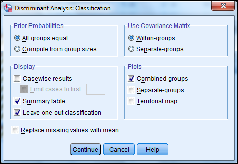 Here we have a string variable religion. Use Recode into Different Variable to make a a new numeric variable RelCat consisting of the values 0 through 3. The SPSS procedure is shown below: 1) Select Transform, recording into different variables. 2) Click the variables to be transferred and enter RelCat into Name text box. 3) Click old and new values button , old enter 'Muslim' in the value text box and 1 in the new value text box. Repeat this operation until we assign the old values into new values and click continue button. 4) Click Continu, change then Ok. We get the result of recode the variables news into newsfreq. From the above output, we observe that the third column shows the recoded the variable religion into new numeric variable RelCat. Now, we have to perform the discriminant analysis to determine the dimensions that best allow religions 1-3 to be distinguished. The SPSS procedure is shown below: 1) Select Analyze, Classify, Discriminant. 2) When Discriminant Analysis dialog box appears, enter RelCat in Grouping variable text box, click Define range then continue. 3) Enter Density, pop_incr, babymort, birth_rt, lit_male, lit_fema, gdp_cap in independent variable text box. 4) Click Classify and select some options shown in the below widow and then continue. 5) Click OK Output: 1) Based on the group centroids identify which religions are best distinguished by each function. From the above output, it can be seen that the mean value of each group in the 2-dimensional space defined by the discriminant functions. The function 1 values of -1.297 for group1, 0.656 for group2 and 1.428 for group3. The function 2 values of 0.140 for group1, -0.387 for group2 and 1.110 for group3. The religions Muslim and protstnt are best distinguished by function1 and the religion catholic is best distinguished by function2 2) Based on the structure coefficients, identify what labels might be suitable for describing each dimension. From the above output, it can be seen that the standardized canonical discriminant function coefficient is high for the variable lit_fema corresponding to function1, so the label Females who read label is suitable. From the above output, it can be seen that the standardized canonical discriminant function coefficient is high for the variable gdp_ca corresponding to function2, so the label Gross domestic product/ capita is suitable.