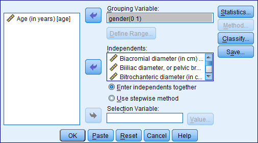 Perform discriminant analysis for the given data using SPSS. The following are the steps to find the required results: Step1: Type or import the data into the Minitab work sheet. Step 2: Go to Step 3: Highlight the names of the predictor variables and transfer them to the independent field. Highlight the name of the grouping variable and transfer it to the Grouping Variable ( gender ) filed. Step 4: Click Define Range (0, 1). Click on continue then we get the following window. Step 5: Click on Statistics and specify the required results. Click on continue. Step 6: Click on Classify and specify the required results. Click on continue. Step 7: Click on save and specify the required results. Click on continue By following the above instructions we get the output as shown below: 1) Under this test the null and alternative hypotheses are, The discriminant function in not significantly aid prediction of group membership The discriminant function in significantly aid prediction of group membership Let us assume the level of significance From the above output the function has a Wilks' lambda = 0.12, and the corresponding P -value is 0.000, since p.05 we reject the null hypothesis and conclude that the discriminant function in significantly aid prediction of group membership. 2) From the above classification results output, the discriminant function successfully predicted computer gender of 98% of the cases in the sample. 3) The two variables that were most strongly correlated with the discriminant function were forearm girth and shoulder girth. Based on the standardized discriminant function coefficients, waist girth and navel girth made the greatest independent contributions to discriminating between males and females. 4) To answer question 4, a discriminant analysis was conducted using the predictors forearm girth, shoulder girth, waist girth and navel girth. The analysis output is shown below: Under this test the null and alternative hypotheses are, The discriminant function in not significantly aid prediction of group membership The discriminant function in significantly aid prediction of group membership Let us assume the level of significance From the above output the function has a Wilks' , and the corresponding P -value is 0.000, since , reject the null hypothesis and conclude that the discriminant function in significantly aid prediction of group membership. From the above classification results output, the discriminant function successfully predicted computer gender of 96% of the cases in the sample. The Fisher functions could be used to predict a person's gender based on values of the four variables. The functions are: