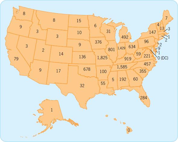 Please reread the scenario at the beginning of this chapter. How would you respond to the following questions? Methamphetamine has become a nationwide problem. Figure 1 is a map showing the number of incidents involving methamphetamine clandestine laboratories in each state. Which states appear to have the most serious methamphetamine problem? Is methamphetamine a widespread problem in your state? Have you heard about any meth lab busts in your community? Figure 1 Total of all clandestine laboratory incidents involving methamphetamine (including labs, dump sites, and chemicals, glassware, or equipment), calendar year 2012. Source: El Paso Intelligence Center (EPIC/National Secure System NSS).