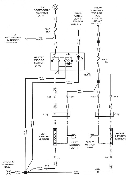 Referring to the following figure, assuming that fuse F8-C should be supplied with 12V when the park lamps are on, if neither mirror lamp illuminates with the headlamp switch in the ON position then this could be an indication to the operator that he does not have any trailer tail lamps.   