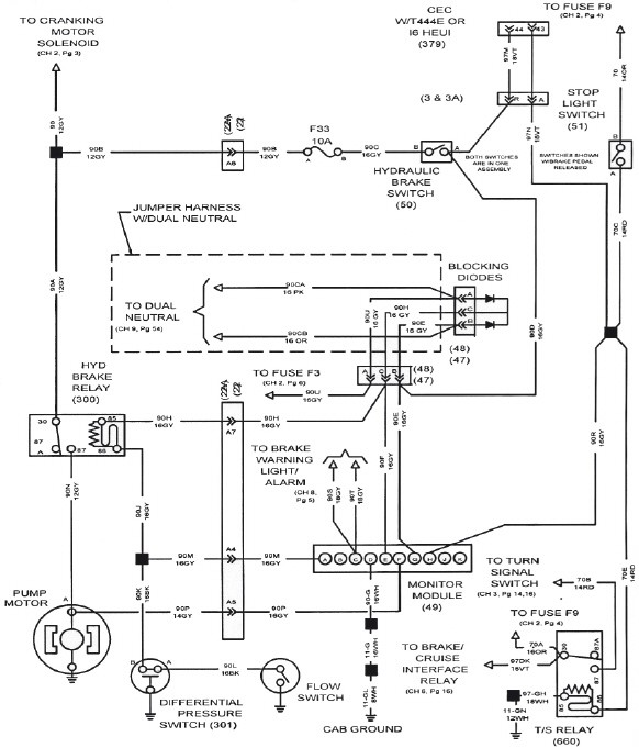 Referring to the figure shown below, technician A says that a shorted to ground circuit 90L between the differential pressure switch and the flow switch will cause the pump motor to run even though both the differential pressure and flow switches are open. Assuming fuse F33 is supplied with unswitched battery positive voltage and that the flow switch is normally closed, technician B says that closing the hydraulic brake switch (50)  with ignition off should cause the pump motor to operate. Who is correct?   A)  A only B)  B only C)  Both A and B D)  Neither A nor B