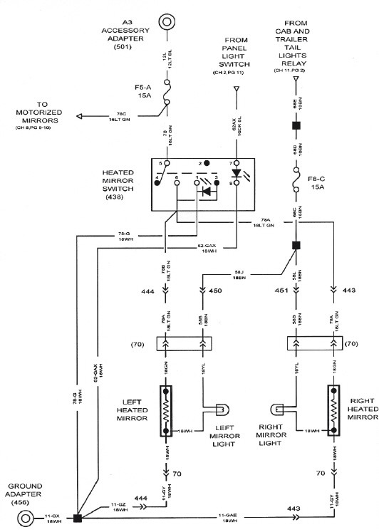 Referring to the following figure, technician A says that a blown fuse F8-C would prevent both heated mirrors from operating. Technician B says that a blown fuse F5-A would prevent both mirror lights from illuminating. Who is correct?   A)  A only B)  B only C)  Both A and B D)  Neither A nor B