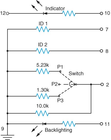 Referring to the figure shown below, which of the following is a true statement?   A)  The resistor shown between terminals 10 and 12 is used to limit current. B)  The resistor shown between terminals 11 and 9 is used to limit current. C)  The resistor shown between terminals 7 and 9 is used to identify the function of the switch. D)  All of the above are true statements.
