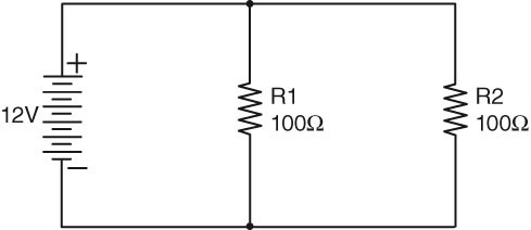 Referring to the following circuit, technician A says that 12V would be dropped across R1 and R2. Technician B says that the same amount of current will flow through R1 and R2. Who is correct?   A)  A only B)  B only C)  Both A and B D)  Neither A nor B