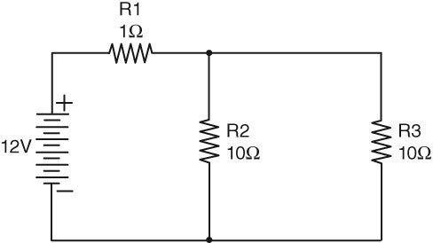 Which of the following is a true statement regarding the circuit shown below?   A)  The amount of current flow through R1 is equal to the current flow through R2 added to the current flow through R3. B)  The voltage dropped across R2 is the same as the voltage dropped across R3. C)  The voltage dropped across R2 added to the voltage dropped across R1 is equal to 12V. D)  All of the above are true statements.