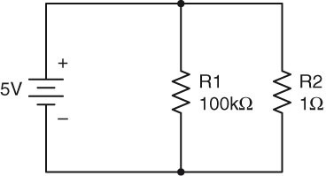 Referring to the following circuit, which resistor has the highest voltage dropped across it?   A)  R1 B)  R2 C)  Both R1 and R2 have the same voltage drop. D)  Neither resistor will have a voltage drop since no current will flow in this circuit.