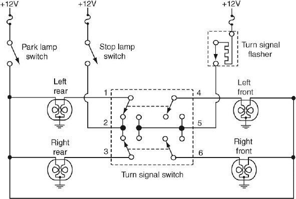 <strong>Referring to the figure shown below, which failure could cause the right rear stop lamp to not illuminate with the stop light switch closed yet all other lamps still illuminate correctly? </strong> A) Defective stop light switch B) Shorted to ground circuit between terminal 3 of the turn signal switch and the right rear lamp C) Open ground for the right rear lamp D) Open circuit between terminal 3 of the turn signal switch and the right rear lamp