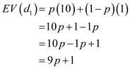 Determine the range of probabilities of state of nature for each of the decision alternatives. Expected value of decision alternative: The expected value of decision approach must be applied in order to identify the decision alternatives. The value is calculated by using the following formula: Let N be the number of states of nature and be the probability of state of nature. Expected value for : …… (1) Expected value for : …… (2) Graphical representation of expected value for the decision alternatives as a function of p: Solve Equations (1) and (2) to calculate the value of p as follows: The value of p is 0.25. Hence, the optimal for is , and is . Since the value of p is 0.20 which is less than 0.25, the best decision is . (b)Determine the best decision alternative: It is given that the is 0.2 and is 0.8. Now, calculate the expected value for as follows: Expected value for : Expected value for : Hence, the best decision is as a expected value of 3.2. (c) Sensitivity analysis on the payoffs for the decision alternative: Let s be the payoff for under ; will be optimal only when Hence, the payoff for is less or equal to 2; then the will remain optimal.