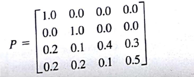 Given the following transition matrix with states 1 and 2 as absorbing states, what is the probability that units in states 3 and 4 end up in each of the absorbing states?