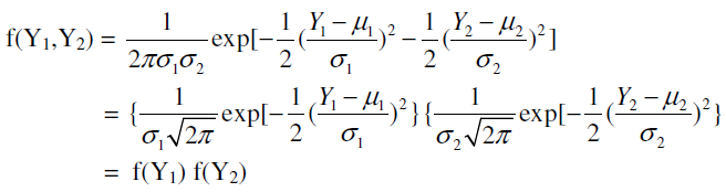 If two random variables are statistically independent, the coefficient of correlation between the two is zero. But the converse is not necessarily true; that is, zero correlation does not imply statistical independence. However, if two variables are normally distributed, zero correlation necessarily implies statistical independence. Verify this statement for the following joint probability density function of two normally distributed variables Y 1 and Y 2 (this joint probability density function is known as the bivariate normal probability density function):    4 See Appendix A for a general discussion of the properties of the maximum likelihood estimators as well as for the distinction between asymptotic unbiasedness and consistency. Roughly speaking, in asymptotic unbiasedness we try to find out the   as n tends to infinity, where n is the sample size on which the estimator is based, whereas in consistency we try to find out how   behaves as n increases indefinitely. Notice that the unbiasedness property is a repeated sampling property of an estimator based on a sample of given size, whereas in consistency we are concerned with the behavior of an estimator as the sample size increases indefinitely. where µ 1 = mean of Y 1  µ 2 = mean of Y 2   1 = standard deviation of Y 1   2 = standard deviation of Y 2  = coefficient of correlation between Y 1 and Y 2
