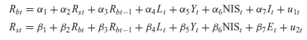 To study the relationship between inflation and yield on common stock, Bruno Oudet used the following model:    *Some Further Evidence on Supply and Demand Functions for Money,'' journal of Finance, vol. 19, May 1964, pp. 240-283. †Demand and Supply Functions for Money in the United States,'' Econometrica, vol. 32, no. 4, October 1964, pp. 476-509. *Bruno A. Oudet, The Variation of the Return on Stocks in Periods of Inflation,'' journal of Financial and Quantitative Analysis, vol. 8, no. 2, March 1973, pp. 247-258. where L = real per capita monetary base Y = real per capita income I = the expected rate of inflation NIS = a new issue variable E = expected end-of-period stock returns, proxied by lagged stock price ratios R bt = bond yield R st = common stock returns a. Offer a theoretical justification for this model and see if your reasoning agrees with that of Oudet. b. Which are the endogenous variables in the model Which are the exogenous variables c. How would you treat the lagged R bt -endogenous or exogenous