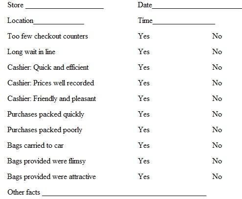 Be a mystery shopper and assess the service provided to customers at the checkout counter at two grocery stores in your area. Complete the following structured observation table for each: