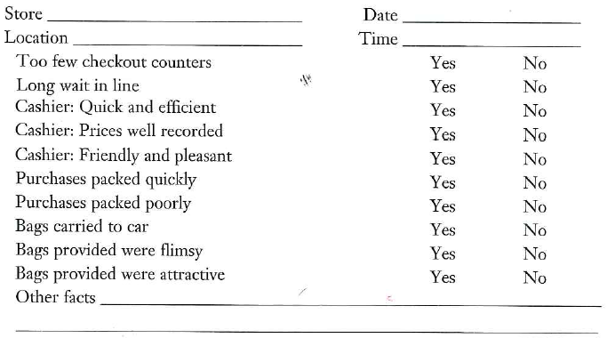 Problem1 and 2 could be assigned to pairs of students, with one student answering Problem 1 and the other answering Problem 2. The students could then compare their results and discuss the advantages and disadvantages of structure in observational research. Be a mystery shopper and assess the service provided to customers at the checkout counter at two grocery stores in your area. Record anything that you believe is relevant to the service provided customers. (Reference Discussion Question 1) Be a mystery shopper and assess the service provided to customers at the check-out counter at two grocery stores in your area. Complete the following structured observation table for each:   