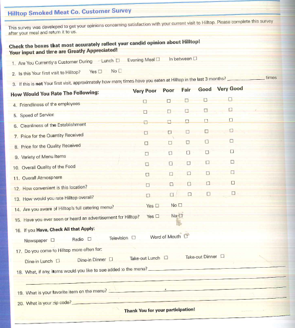 The following is a questionnaire to be completed by customers of the Hilltop Smoked Meat Co. Restaurant. Build a codehook that might be used to transfer raw answers from completed questionnaires to a data file. Be specific about locations in the data file, variable names, the codes to be used, and how missing data will be treated.