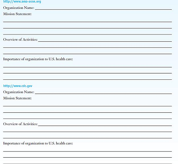 INTERNET EXERCISES  Write your answers in the space provided.   Visit each of the websites listed here.  Name the organization.  Locate their mission statement or statement of purpose on their website.  Provide a brief overview of the activities of the organization.  How do these organizations participate in the U.S. healthcare system Websites            