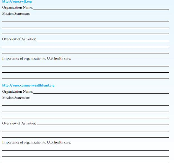 INTERNET EXERCISES  Write your answers in the space provided.   Visit each of the websites listed here.  Name the organization.  Locate their mission statement on their website.  Provide a brief overview of the activities of the organization.  How do these organizations participate in the U.S. healthcare system Websites            