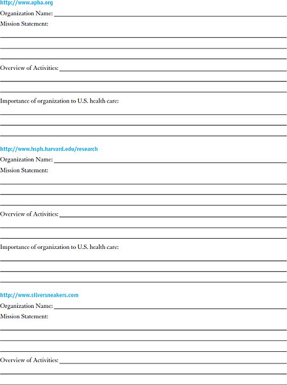 INTERNET EXERCISES  Write your answers in the space provided.   Visit each of the websites listed here.  Name the organization.  Locate their mission statement on their website.  Provide a brief overview of the activities of the organization.  How do these organizations participate in the U.S. healthcare system Websites            