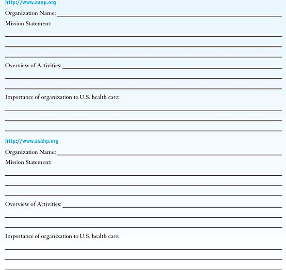 INTERNET EXERCISES  Write your answers in the space provided.  Visit each of the websites here.  Name the organization.  Locate their mission statement on their websites.  Provide a brief overview of the activities of the organization.  How do these organizations participate in the U.S. healthcare system Websites            