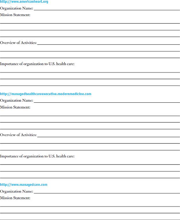 INTERNET EXERCISES  Write your answers in the space provided.   Visit each of the websites listed here.  Name the organization.  Locate their mission statement/values statement on their website.  Provide a brief overview of the activities of the organization.  How do these organizations participate in the U.S. healthcare system Websites            