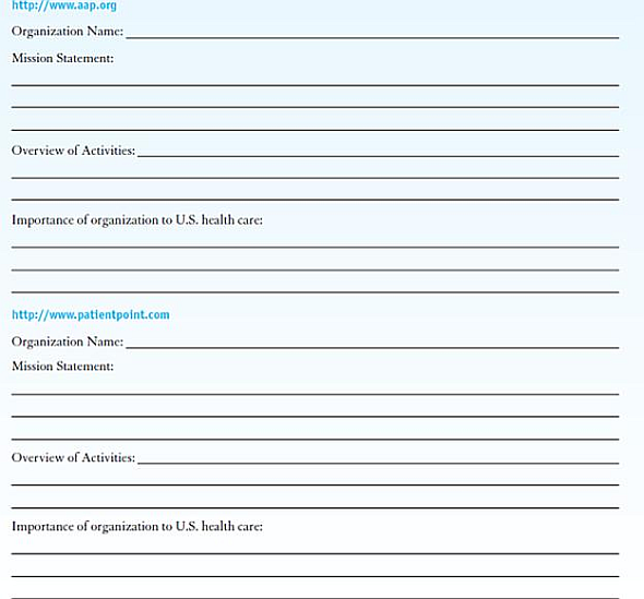 INTERNET EXERCISES Write your answers in the space provided. Visit each of the websites listed here. Name the organization. Locate their mission statement on their website. Provide a brief overview of the activities of the organization. How do these organizations participate in the U.S. healthcare system Websites      <div style=padding-top: 35px> 