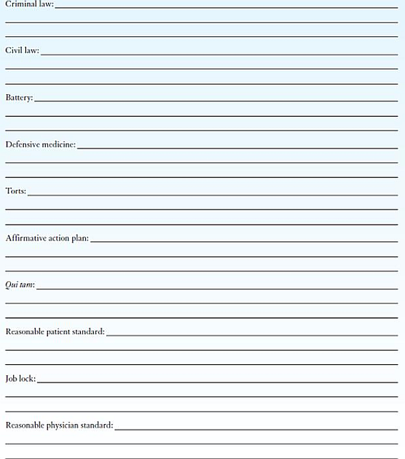 IN YOUR OWN WORDS Based on this chapter, please provide an explanation of the following concepts in your own words as they apply to healthcare law. DO NOT RECITE the text.