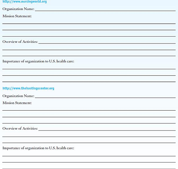 INTERNET EXERCISES  Write your answers in the space provided.   Visit each of the websites listed here.  Name the organization.  Locate their mission statement on their website.  Provide a brief overview of the activities of the organization.  How do these organizations participate in the U.S. healthcare system Websites            