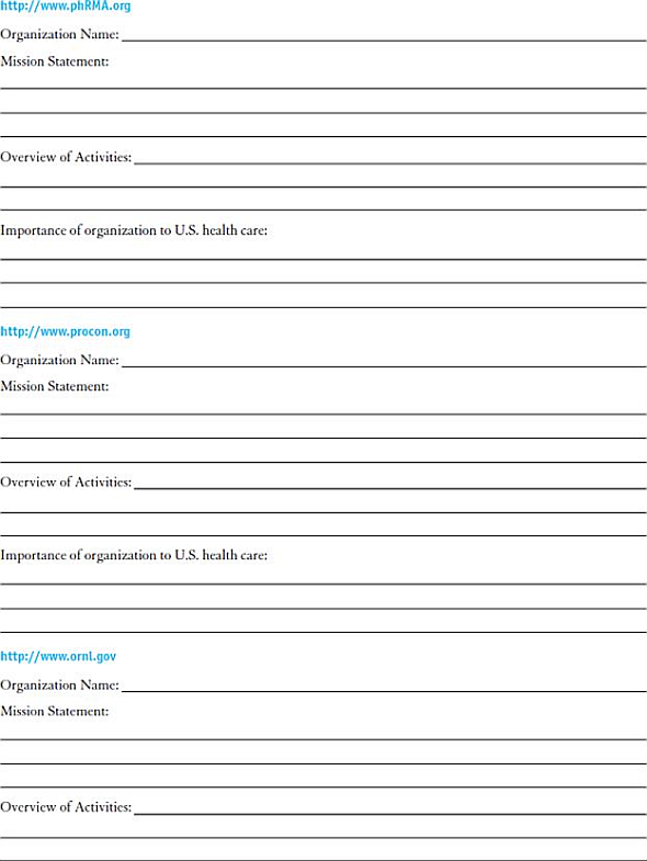 INTERNET EXERCISES  Write your answers in the space provided.   Visit each of the websites listed here.  Name the organization.  Locate their mission statement on their website.  Provide a brief overview of the activities of the organization.  How do these organizations participate in the U.S. healthcare system Websites            