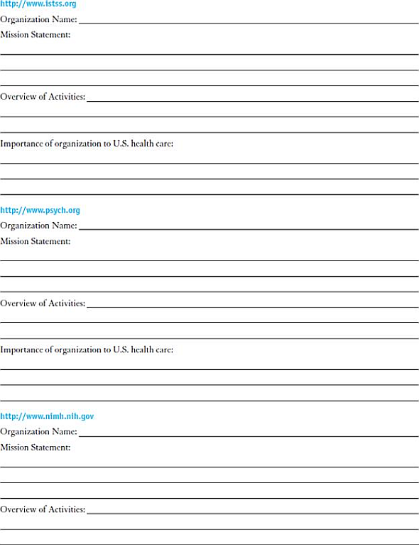 INTERNET EXERCISES Write your answers in the space provided. Visit each of the websites listed here. Name the organization. Locate their mission statement on their website. Provide a brief overview of the activities of the organization. How do these organizations participate in the U.S. healthcare system Websites      <div style=padding-top: 35px> 