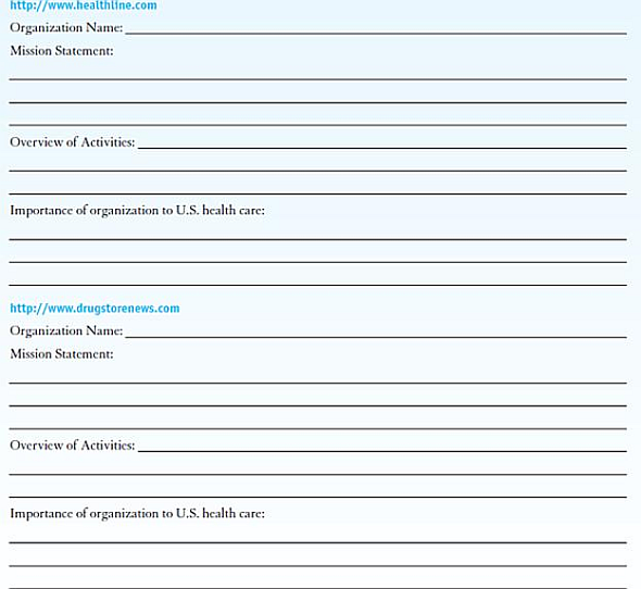 INTERNET EXERCISES Write your answers in the space provided. Visit each of the websites listed here. Name the organization. Locate their mission statement or statement of purpose on their website. Provide a brief overview of the activities of the organization. How do these organizations participate in the U.S. healthcare system Websites      <div style=padding-top: 35px> 