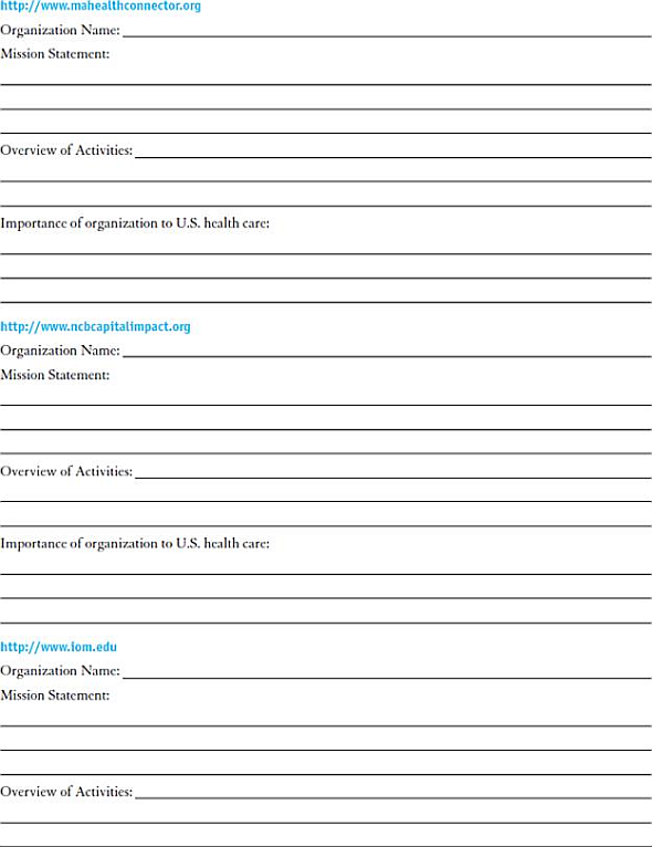 INTERNET EXERCISES Write your answers in the space provided. Visit each of the websites listed here. Name the organization. Locate their mission statement or statement of purpose on their website. Provide a brief overview of the activities of the organization. How do these organizations participate in the U.S. healthcare system Websites      <div style=padding-top: 35px> 