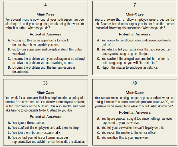 Making Decisions about Ethical Issues Background The merger of Lockheed and Martin Marietta created Lockheed Martin, the number-one company in the defense industry-an industry that includes such companies as Raytheon and Northrop Grumman. You and the rest of the class are managers at Lockheed Martin Corporation, Orlando, Florida. You are getting ready to do the group exercise in an ethics training session. The training instructor announces you will be playing Gray Matters: The Ethics Game. You are told that Gray Matters, which was prepared for your company's employees, is also played at 41 universities, including Harvard University, and at 65 other companies. Although there are 55 scenarios in Gray Matters, you will have time during this session to complete only the four scenarios that your group draws from the stack of cards. 77 Task Form into groups of four to six managers and appoint a group leader who will lead a discussion of the case, obtain a consensus answer to the case, and be the one to report the group's answers to the instructor. You will have five minutes to reach each decision, after which time, the instructor will give the point values and rationale for each choice. Then you will have five minutes for the next case, etc., until all four cases have been completed. Keep track of your group's score for each case; the winning team will be the group scoring the most points. Since this game is designed to reflect life, you may believe that some cases lack clarity or that some of your choices are not as precise as you would have liked. Also, some cases have only one solution, while others have more than one solution. Each choice is assessed to reflect which answer is the most correct. Your group's task is to select only one option in each case.