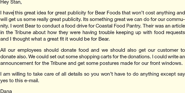 Dana Shomacher, an enthusiastic new hire of six months at Bear Foods, wants Stan Smith, regional head of HR at the grocery chain, to allow her to organize and publicize a food drive for Coastal Food Pantry. Revise, edit, and proof her e-mail.     After you have fixed Dana's e-mail, answer these questions in an e-mail to your instructor.  What revisions did you make Why   Many grocery stores already contribute to local food pantries. In addition to some staples, they provide items such as bakery goods that are past their sale date but still quite tasty, sacks for bagging groceries at the pantry, and even shopping carts to transport groceries to the cars of pantry clients. If Bear already contributes to Coastal, how should that fact change the content of Dana's e-mail   What edits did you make Why   What impression do you think this e-mail made on the head of human resources Explain. Do you think he granted Dana's request Why or why not  Submit both your version of Dana's e-mail and your analysis e-mail.