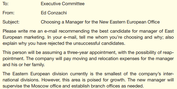 Your company sells customized computer systems to businesses large and small around the world. The Executive Committee needs to recommend someone to begin a three-year term as manager of Eastern European marketing. As your instructor directs,  a. Write an e-mail to each of the candidates, specifying the questions you would like each to answer in a final interview. b. Assume that it is not possible to interview the candidates. Use the information here to write an e-mail to the CEO recommending a candidate. c. Write an e-mail to the CEO recommending the best way to prepare the person chosen for his or her assignment. d. Write an e-mail to the CEO recommending a better way to choose candidates for international assignments. e. Write an e-mail to your instructor explaining the assumptions you made about the company and the candidates that influenced your recommendation(s). Information about the candidates:  All the candidates have applied for the position and say they are highly interested in it. 1. Deborah Gere, 39, white, single. Employed by the company for eight years in the Indianapolis and New York offices. Currently in the New York office as assistant marketing manager, Eastern United States; successful. University of Indiana MBA. Speaks Russian fluently; has translated for business negotiations that led to the setting up of the Moscow office. Good technical knowledge, acceptable managerial skills, excellent communication skills, good interpersonal skills. Excellent health; excellent emotional stability. Swims. One child, age 12. Lived in the then-Soviet Union for one year as an exchange student in college; business and personal travel in Europe. 2. Claude Chabot, 36, French, single. Employed by the company for 11 years in the Paris and London offices. Currently in the Paris office as assistant sales manager for the European Community; successful. No MBA, but degrees from MIT in the United States and l'Ecole Supérieure de Commerce de Paris. Speaks native French; speaks English and Italian fluently; speaks some German. Good technical knowledge, excellent managerial skills, acceptable communication skills, excellent interpersonal skills. Excellent health, good emotional stability. Plays tennis. No children. French citizen; lived in the United States for two years, in London for five years (one year in college, four years in the London office). Extensive business and personal travel in Europe. 3. Linda Moss, 35, African American, married. Employed by the company for 10 years in the Atlanta and Toronto offices. Currently assistant manager of Canadian marketing; very successful. Howard University MBA. Speaks some French. Good technical knowledge, excellent managerial skills, excellent communication skills, excellent interpersonal skills. Excellent health; excellent emotional stability. Does Jazzercize classes. Husband is an executive at a U.S. company in Detroit; he plans to stay in the States with their children, ages 11 and 9. The couple plans to commute every two to six weeks. Has lived in Toronto for five years; business travel in North America; personal travel in Europe and Latin America. 4. Steven Hsu, 42, of Asian American descent, married. Employed by the company for 18 years in the Los Angeles office. Currently marketing manager, Western United States; very successful. UCLA MBA. Speaks some Korean. Excellent technical knowledge, excellent managerial skills, good communication skills, excellent interpersonal skills. Good health, excellent emotional stability. Plays golf. Wife is an engineer who plans to do consulting work in Eastern Europe. Children ages 8, 5, and 2. Has not lived outside the United States; personal travel in Europe and Asia. Your committee has received this e-mail from the CEO.     The committee has invited comments from everyone in the company. You've received these e-mails.           