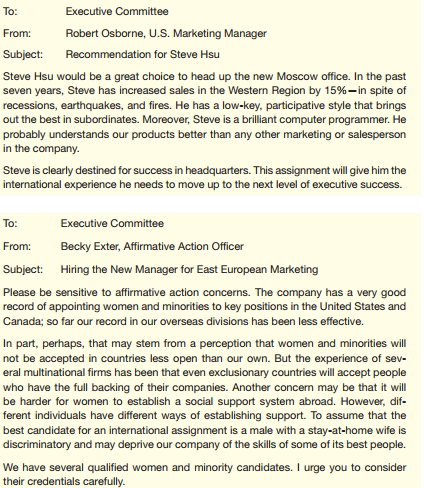 Your company sells customized computer systems to businesses large and small around the world. The Executive Committee needs to recommend someone to begin a three-year term as manager of Eastern European marketing. As your instructor directs,  a. Write an e-mail to each of the candidates, specifying the questions you would like each to answer in a final interview. b. Assume that it is not possible to interview the candidates. Use the information here to write an e-mail to the CEO recommending a candidate. c. Write an e-mail to the CEO recommending the best way to prepare the person chosen for his or her assignment. d. Write an e-mail to the CEO recommending a better way to choose candidates for international assignments. e. Write an e-mail to your instructor explaining the assumptions you made about the company and the candidates that influenced your recommendation(s). Information about the candidates:  All the candidates have applied for the position and say they are highly interested in it. 1. Deborah Gere, 39, white, single. Employed by the company for eight years in the Indianapolis and New York offices. Currently in the New York office as assistant marketing manager, Eastern United States; successful. University of Indiana MBA. Speaks Russian fluently; has translated for business negotiations that led to the setting up of the Moscow office. Good technical knowledge, acceptable managerial skills, excellent communication skills, good interpersonal skills. Excellent health; excellent emotional stability. Swims. One child, age 12. Lived in the then-Soviet Union for one year as an exchange student in college; business and personal travel in Europe. 2. Claude Chabot, 36, French, single. Employed by the company for 11 years in the Paris and London offices. Currently in the Paris office as assistant sales manager for the European Community; successful. No MBA, but degrees from MIT in the United States and l'Ecole Supérieure de Commerce de Paris. Speaks native French; speaks English and Italian fluently; speaks some German. Good technical knowledge, excellent managerial skills, acceptable communication skills, excellent interpersonal skills. Excellent health, good emotional stability. Plays tennis. No children. French citizen; lived in the United States for two years, in London for five years (one year in college, four years in the London office). Extensive business and personal travel in Europe. 3. Linda Moss, 35, African American, married. Employed by the company for 10 years in the Atlanta and Toronto offices. Currently assistant manager of Canadian marketing; very successful. Howard University MBA. Speaks some French. Good technical knowledge, excellent managerial skills, excellent communication skills, excellent interpersonal skills. Excellent health; excellent emotional stability. Does Jazzercize classes. Husband is an executive at a U.S. company in Detroit; he plans to stay in the States with their children, ages 11 and 9. The couple plans to commute every two to six weeks. Has lived in Toronto for five years; business travel in North America; personal travel in Europe and Latin America. 4. Steven Hsu, 42, of Asian American descent, married. Employed by the company for 18 years in the Los Angeles office. Currently marketing manager, Western United States; very successful. UCLA MBA. Speaks some Korean. Excellent technical knowledge, excellent managerial skills, good communication skills, excellent interpersonal skills. Good health, excellent emotional stability. Plays golf. Wife is an engineer who plans to do consulting work in Eastern Europe. Children ages 8, 5, and 2. Has not lived outside the United States; personal travel in Europe and Asia. Your committee has received this e-mail from the CEO.     The committee has invited comments from everyone in the company. You've received these e-mails.           