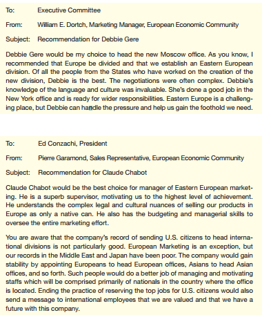 Your company sells customized computer systems to businesses large and small around the world. The Executive Committee needs to recommend someone to begin a three-year term as manager of Eastern European marketing. As your instructor directs,  a. Write an e-mail to each of the candidates, specifying the questions you would like each to answer in a final interview. b. Assume that it is not possible to interview the candidates. Use the information here to write an e-mail to the CEO recommending a candidate. c. Write an e-mail to the CEO recommending the best way to prepare the person chosen for his or her assignment. d. Write an e-mail to the CEO recommending a better way to choose candidates for international assignments. e. Write an e-mail to your instructor explaining the assumptions you made about the company and the candidates that influenced your recommendation(s). Information about the candidates:  All the candidates have applied for the position and say they are highly interested in it. 1. Deborah Gere, 39, white, single. Employed by the company for eight years in the Indianapolis and New York offices. Currently in the New York office as assistant marketing manager, Eastern United States; successful. University of Indiana MBA. Speaks Russian fluently; has translated for business negotiations that led to the setting up of the Moscow office. Good technical knowledge, acceptable managerial skills, excellent communication skills, good interpersonal skills. Excellent health; excellent emotional stability. Swims. One child, age 12. Lived in the then-Soviet Union for one year as an exchange student in college; business and personal travel in Europe. 2. Claude Chabot, 36, French, single. Employed by the company for 11 years in the Paris and London offices. Currently in the Paris office as assistant sales manager for the European Community; successful. No MBA, but degrees from MIT in the United States and l'Ecole Supérieure de Commerce de Paris. Speaks native French; speaks English and Italian fluently; speaks some German. Good technical knowledge, excellent managerial skills, acceptable communication skills, excellent interpersonal skills. Excellent health, good emotional stability. Plays tennis. No children. French citizen; lived in the United States for two years, in London for five years (one year in college, four years in the London office). Extensive business and personal travel in Europe. 3. Linda Moss, 35, African American, married. Employed by the company for 10 years in the Atlanta and Toronto offices. Currently assistant manager of Canadian marketing; very successful. Howard University MBA. Speaks some French. Good technical knowledge, excellent managerial skills, excellent communication skills, excellent interpersonal skills. Excellent health; excellent emotional stability. Does Jazzercize classes. Husband is an executive at a U.S. company in Detroit; he plans to stay in the States with their children, ages 11 and 9. The couple plans to commute every two to six weeks. Has lived in Toronto for five years; business travel in North America; personal travel in Europe and Latin America. 4. Steven Hsu, 42, of Asian American descent, married. Employed by the company for 18 years in the Los Angeles office. Currently marketing manager, Western United States; very successful. UCLA MBA. Speaks some Korean. Excellent technical knowledge, excellent managerial skills, good communication skills, excellent interpersonal skills. Good health, excellent emotional stability. Plays golf. Wife is an engineer who plans to do consulting work in Eastern Europe. Children ages 8, 5, and 2. Has not lived outside the United States; personal travel in Europe and Asia. Your committee has received this e-mail from the CEO.     The committee has invited comments from everyone in the company. You've received these e-mails.           