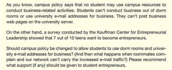 Assume that your small team comprises the officers in student government on your campus. You receive this e-mail from the Dean of Students:     Your team will be writing a report recommending what (if anything) your campus should do for student entrepreneurs and supporting your recommendation. Hints:   Does your campus offer other support for entrepreneurs (courses, a business plan competition, a start-up incubator) What should be added or expanded   Is it realistic to ask alumni for money to fund student start-ups   Are campus dorms, e-mail, phone, and delivery services funded by tax dollars If your school is a public institution, do state or local laws limit business use  You need to  Send e-mail messages to team members describing your initial point of view on the issue and discussing the various options.  Help your team write the report.  Write an e-mail to your instructor telling how satisfied you are with • The decision your team reached. • The process you used to reach it. • The document your team produced.