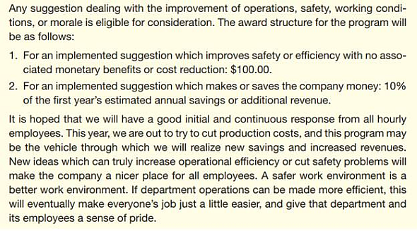 Your organization has decided to institute a suggestion system. Employees on hourly pay scales will be asked to submit suggestions. (Managers and other employees on salary are not eligible for this program; they are supposed to be continually suggesting ways to improve things as part of their regular jobs.) If the evaluating committee thinks the suggestion will save money, the employee will receive 10% of the first year's estimated annual savings. If the suggestion won't save money but will improve work conditions, service, or morale, the employee will get a check for $100. The following e-mails are possible approaches. How well does each message meet the criteria in the checklist for informative and positive messages                