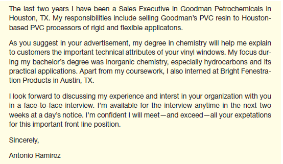 All-Weather, Inc., invited applications for the position of sales representative (Residential Sales). To be based in Nebraska, this person will be mainly responsible for sales of All-Weather's vinyl windows in local markets, including single- and double-hung windows and casement windows. The job description for the position reads as follows:     Below are two cover letters received from applicants. In an e-mail to your instructor, discuss the strengths and weaknesses of both. Judging just from their cover letter, which applicant would you prefer to hire Why            
