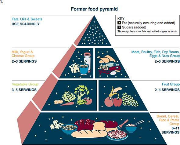 With soaring obesity rates in the United States, the government continues to produce visuals that encourage healthy eating habits. While the food pyramids have been the norm, their messages have been largely ignored by U.S. citizens. The newest version of the visual to encourage healthy eating uses a plate with various portion sizes for fruits, grains, vegetables, protein, and dairy. Evaluate each of the visuals by answering the following questions. Which version of the visual is right for the story  Which healthy eating visual is clearest  Which is most informative  Which visual will most likely encourage healthy eating habits  Which visuals contain chartjunk  Which did you prefer Why     Anatomy of MyPyramid  One size doesn't fit all  USDA's new MyPyramid symbolizes a personalized approach to healthy eating and physical activity.The symbol has been designed to be simple. It has been developed to remind consumers to make healthy food choices and to be active every day. The different parts of the symbol are described below.       