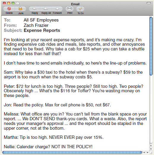Revise another email gone wrong.  Another angry writer sent the email below to employees of a news agency. (This is adapted from a real message-and the original was much longer.) Use the same process as above to revise this email. First, discuss the issues in class. What went wrong How would the audience likely have reacted to this message What was the intended communication objective Did it likely achieve that objective  Next, revise the message. The purpose is legitimate: to improve how people file expense reports. But the approach and tone could be much improved. Finally, compare your version with two others in class. How do they differ What are the best parts of each version    