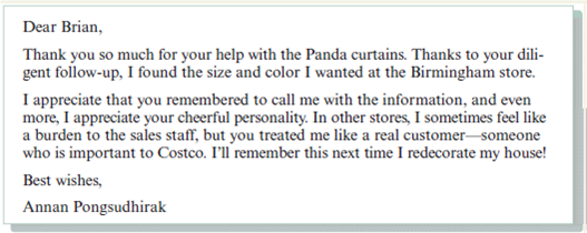 Write a recognition email.  Imagine that you're a store manager for a local Costco. Brian, one of the sales associates who reports to you, has a reputation of going above and beyond to help customers. You just received a copy of this note, which a customer sent to Brian:     As a good manager who takes the time to recognize employees' work, you write your own email to Brian. In addition to acknowledging this customer's feedback, include other examples of Brian's performance (which you can invent).