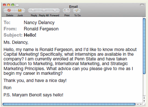 Rewrite a networking email. Imagine that your friend, Ron, asks you to review a draft networking email before he sends it. His goal is to get a summer internship in the marketing department of the company. What advice would you give to your friend If you were Ron, how would you revise the email