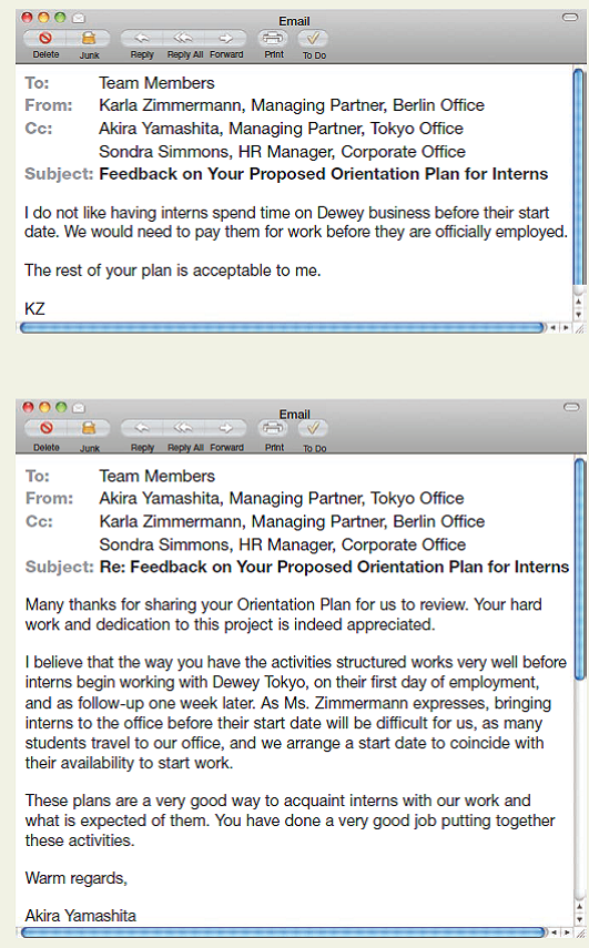 Interpret two messages from international offices. Imagine that you work for the law firm Dewey, Wright, and Howe as an intern. With a team of employees, you are working on an orientation program for new interns. Part of your plan is to have interns do research online about the firm before their date of hire. You believe this research, which will take about two hours, will give new interns a jump start before they start working. In response to your draft Orientation Plan, you receive two emails from partners in the firm-the first from the German office and the second from Japan. From these messages, you realize that Mr. Yamashita misunderstood your intent: he thought your plan was for interns to come to the office before their start date, whereas you meant only for them to do research online. Working in small groups, discuss how you interpret these messages. What feedback are the partners giving youConsider cultural differences discussed in this chapter.